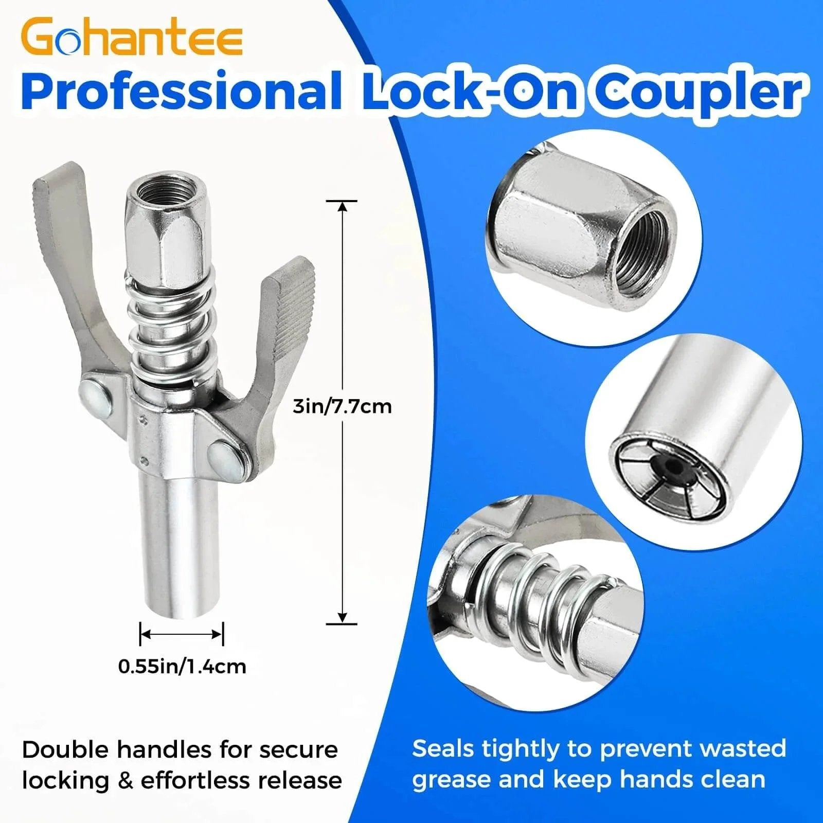 Grease Gun Accessory Kit With Double Handles Grease Coupler featuring lock-on mechanism for secure lubrication in tight spots.