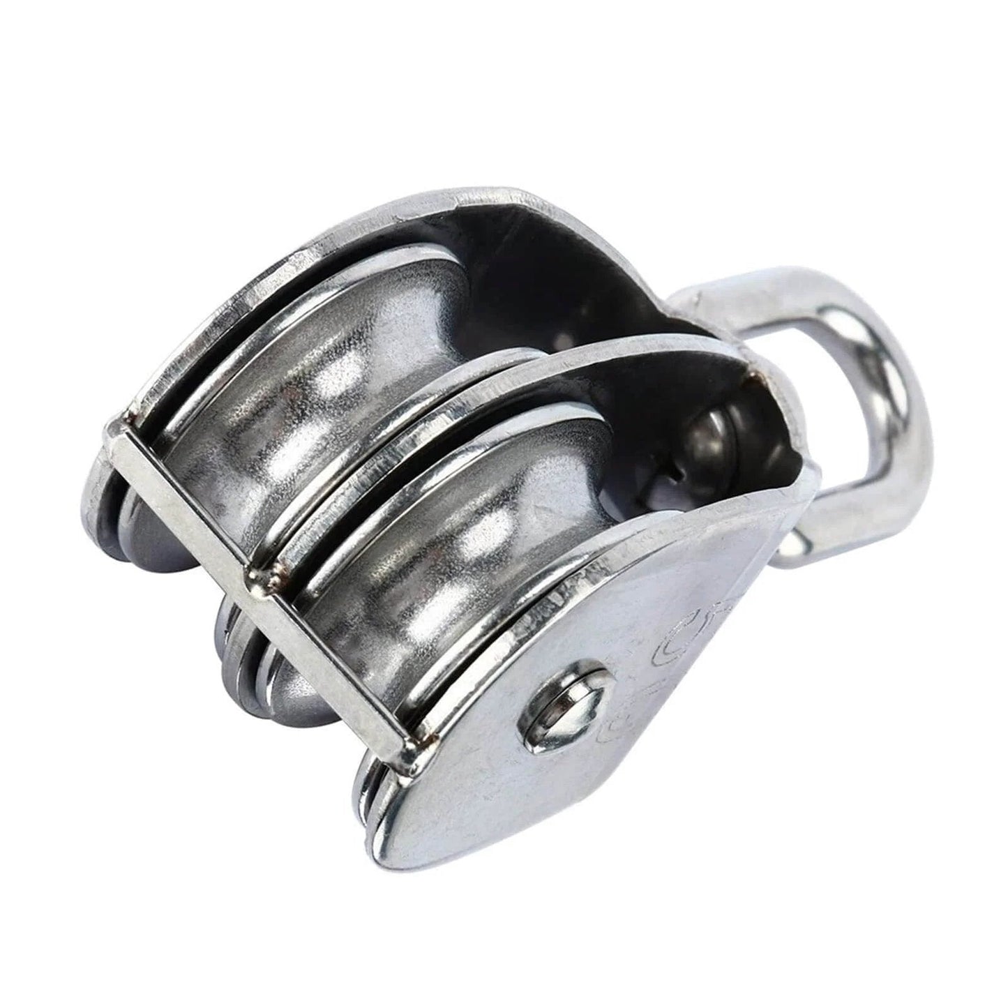 Close-up of 2-Pack M50 Lifting Double Pulley Block 304 Stainless Steel Crane Rotary Hook Double Pulley Loading M50 Double Pulley.