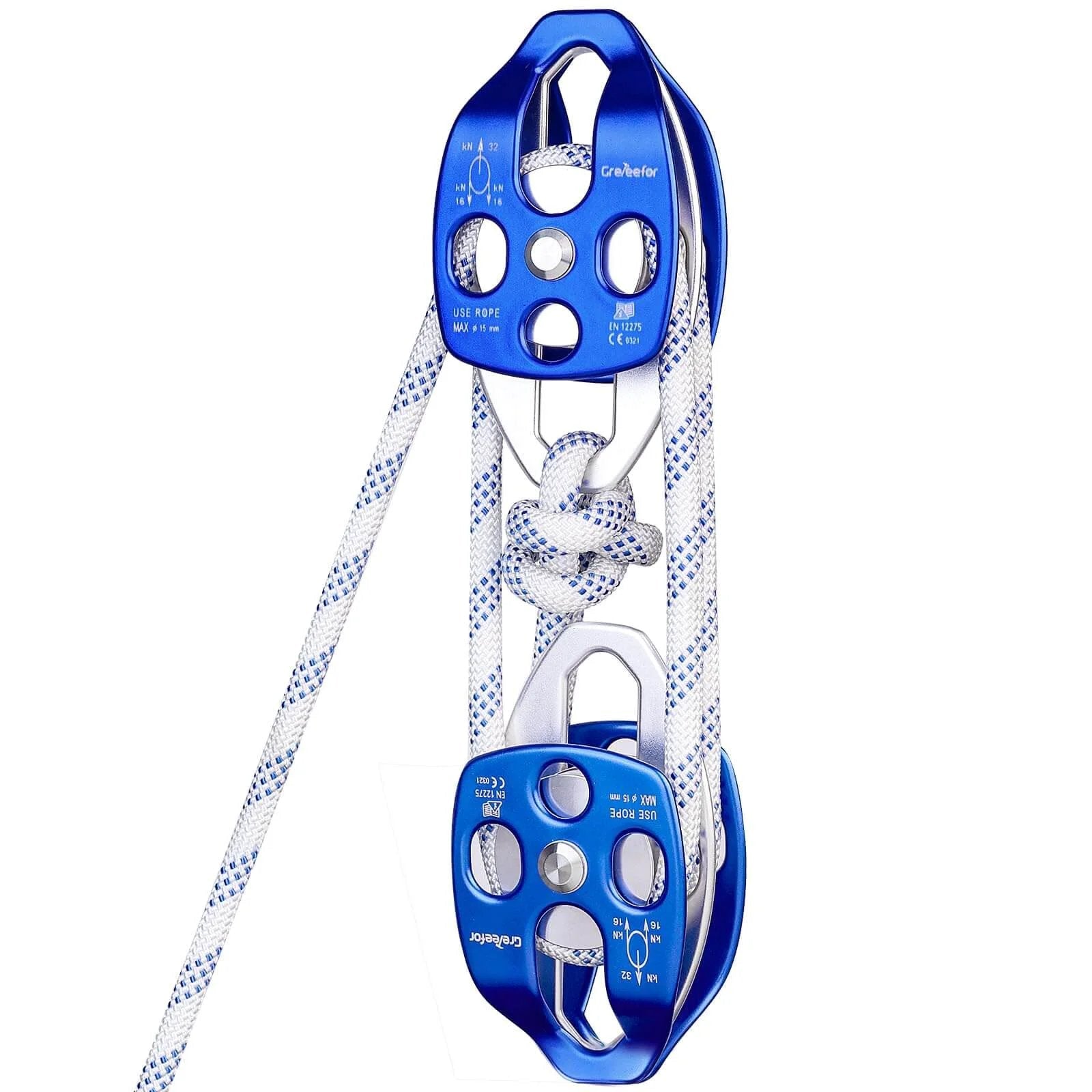 Double Block and Tackle Pulley System with 200Ft x 1/2'' Rope Pulley 7700 LB(35KN) Breaking Strength blue dual pulley