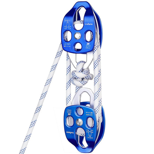 Double Block and Tackle Pulley System with 200Ft x 1/2'' Rope Pulley 7700 LB(35KN) Breaking Strength blue dual pulley