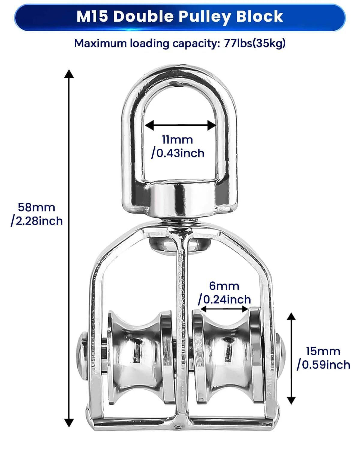 M15 Double Pulley Block - Pack of 4 Heavy Duty 304 Stainless Steel Double Wheel Pulleys for Lifting Rope with dimensions displayed