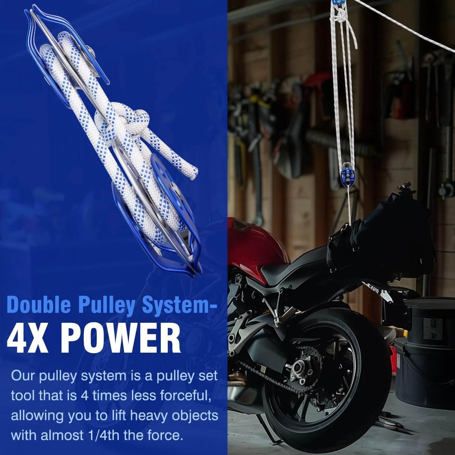 Double Block and Tackle Pulley System with 200Ft x 1/2'' Rope Pulley 7700 LB(35KN) Breaking Strength, shown in garage lifting a motorcycle