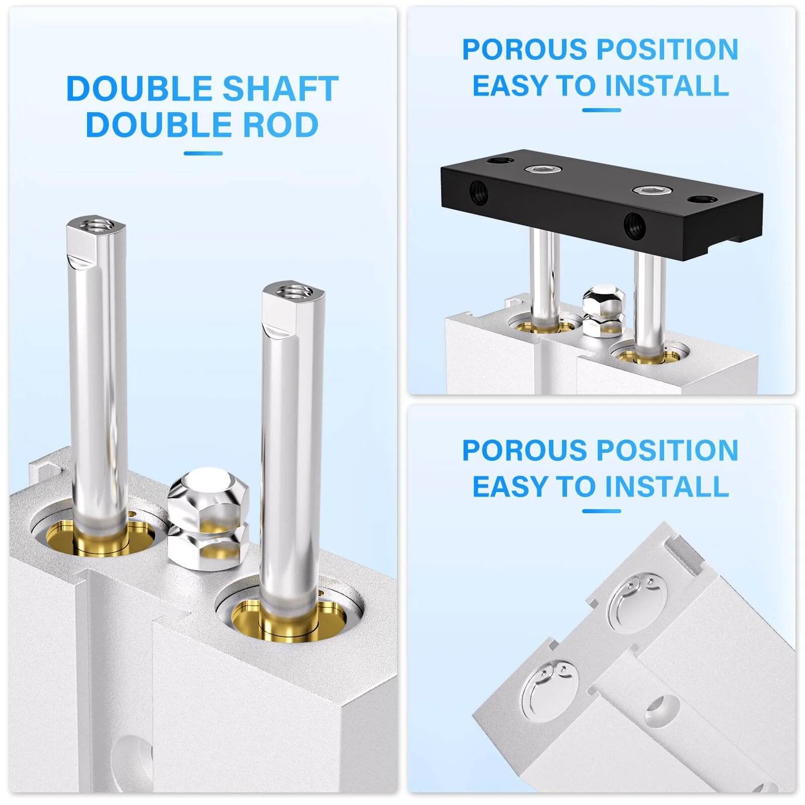 PNEUMATIC 20mm Bore 100mm Stroke Double-Rod Double-Acting Aluminum Pneumatic Air Cylinder TN20-100 with dual rods shown