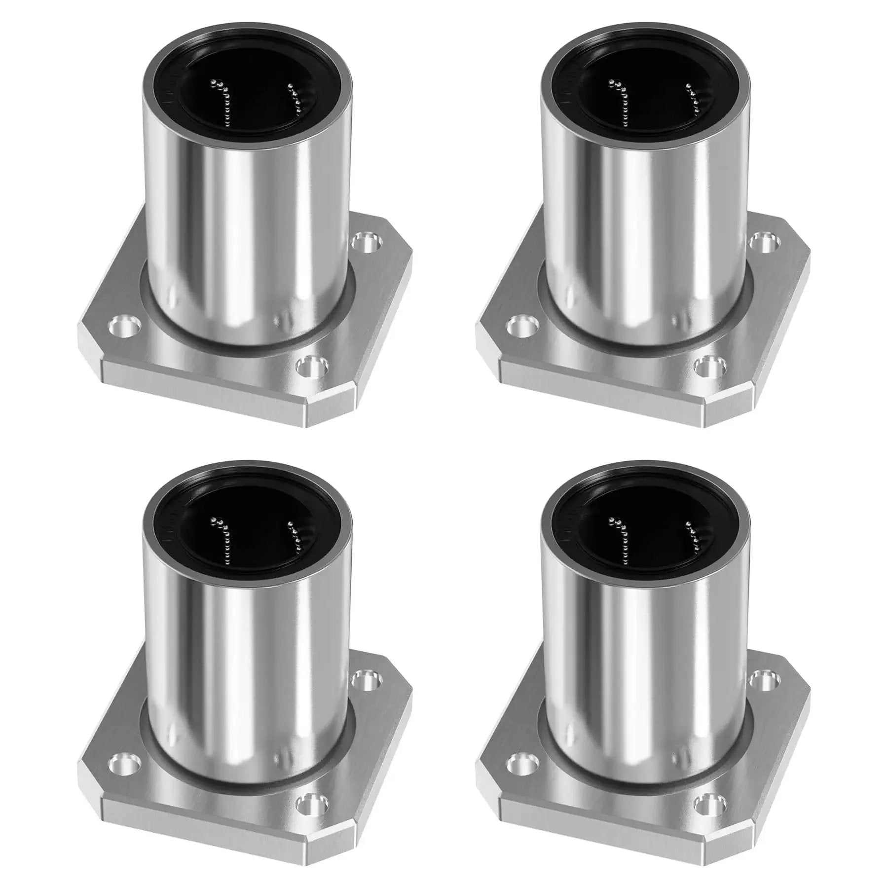 Four Double-Seal 20mm ID Linear Bearings with Square Flange for smooth, low-friction motion in CNC and 3D printer slides.