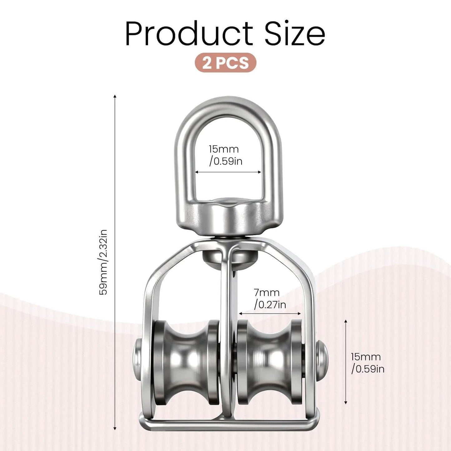 Front view of 2 Pack M15 Double Sheave Pulley Block, depicting dimensions and 304 stainless steel material with swivel hook.