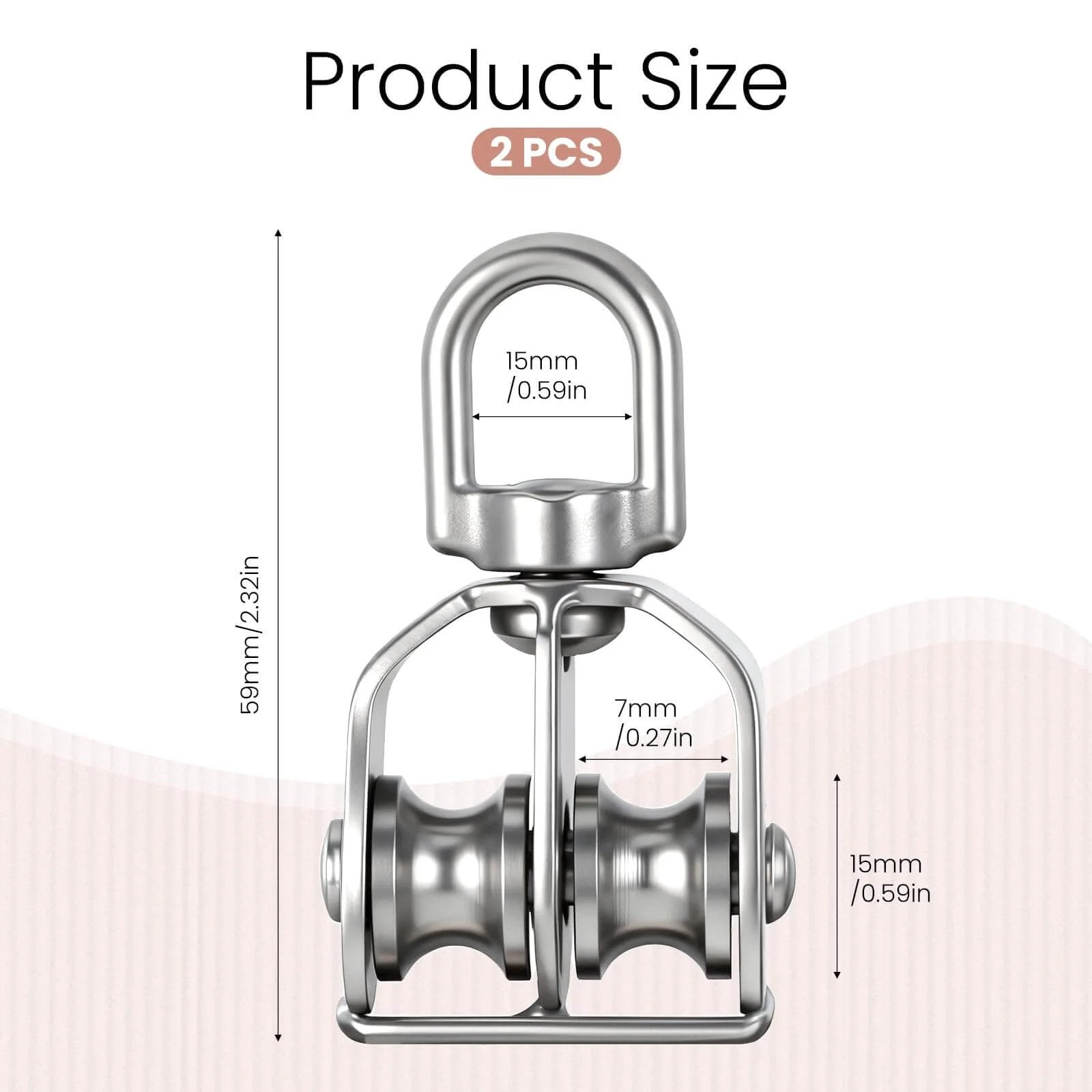 Front view of 2 Pack M15 Double Sheave Pulley Block, depicting dimensions and 304 stainless steel material with swivel hook.