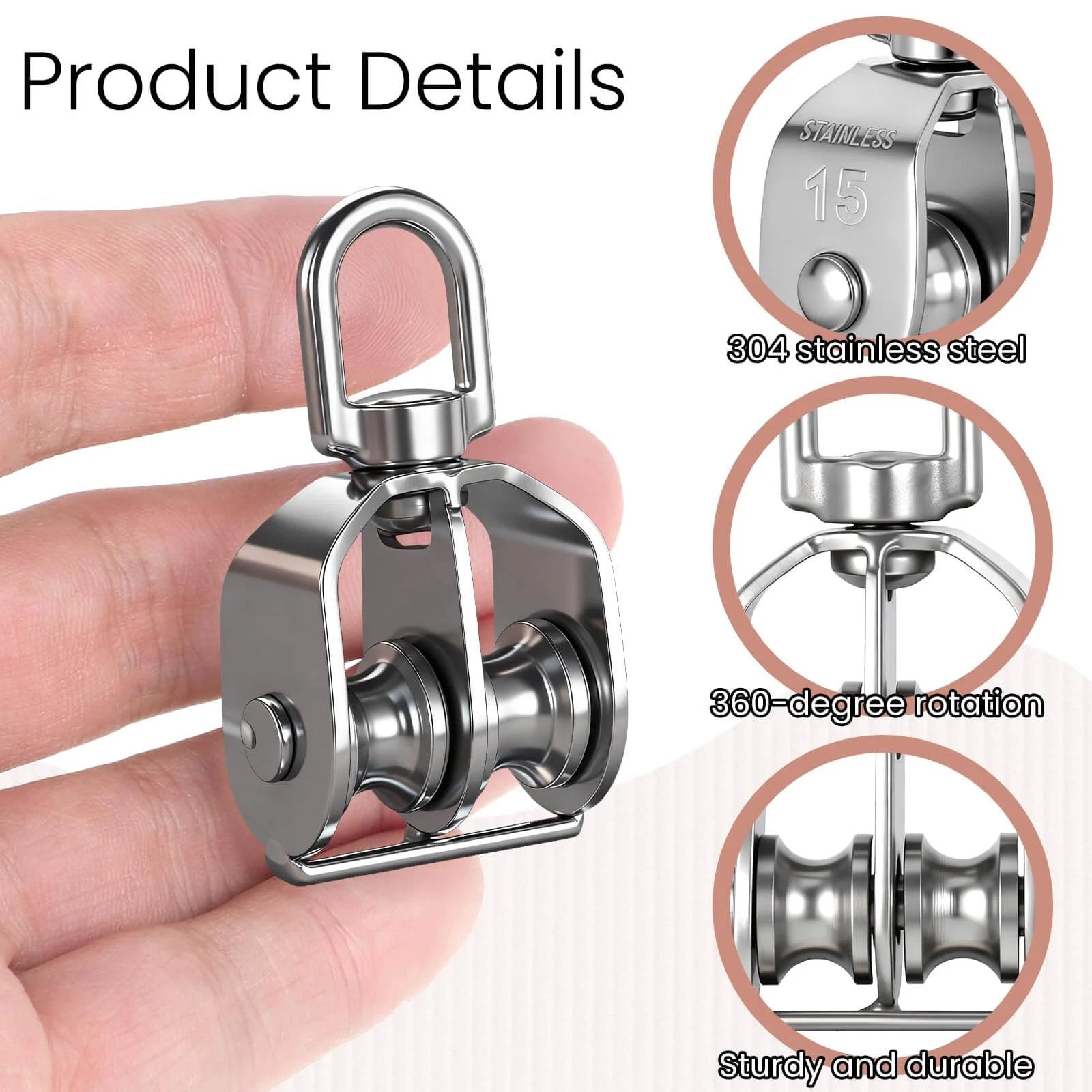 Close-up of a 2 Pack M15 Double Sheave Pulley Block, 304 stainless steel, showing detail, in hand, with visible swivel hook.
