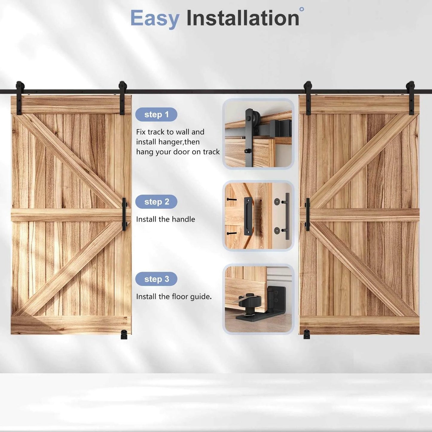 Installation steps for 14 FT Double Sliding Barn Door Hardware Kit with Track and Handles, illustrated with wooden doors on track.
