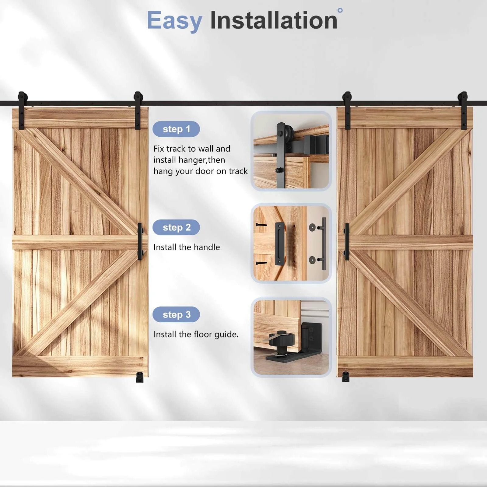 Installation steps for 14 FT Double Sliding Barn Door Hardware Kit with Track and Handles, illustrated with wooden doors on track.