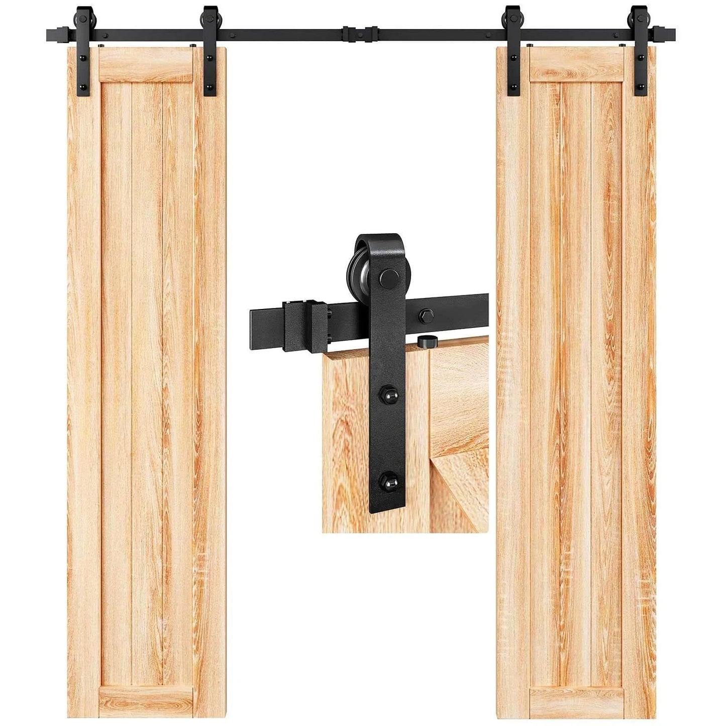 6.6 FT Double Door Sliding Barn Door Hardware Track Kit with basic J pulley, heavy duty steel rails, smooth and quiet ball bearing rollers, black powder coated finish, easy DIY installation system des