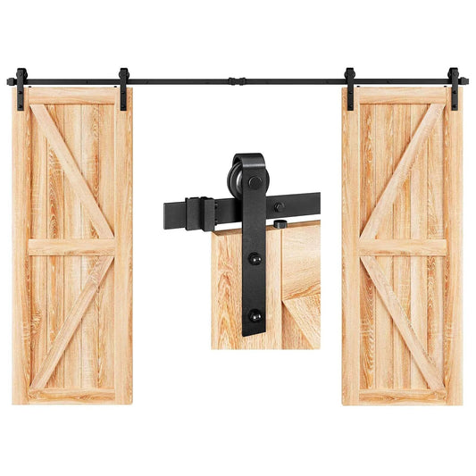 14 FT Double Door Sliding Barn Door Hardware Track Kit with basic J pulley, heavy duty steel construction, smooth and quiet ball bearing rollers, black powder coated finish, easy installation system f