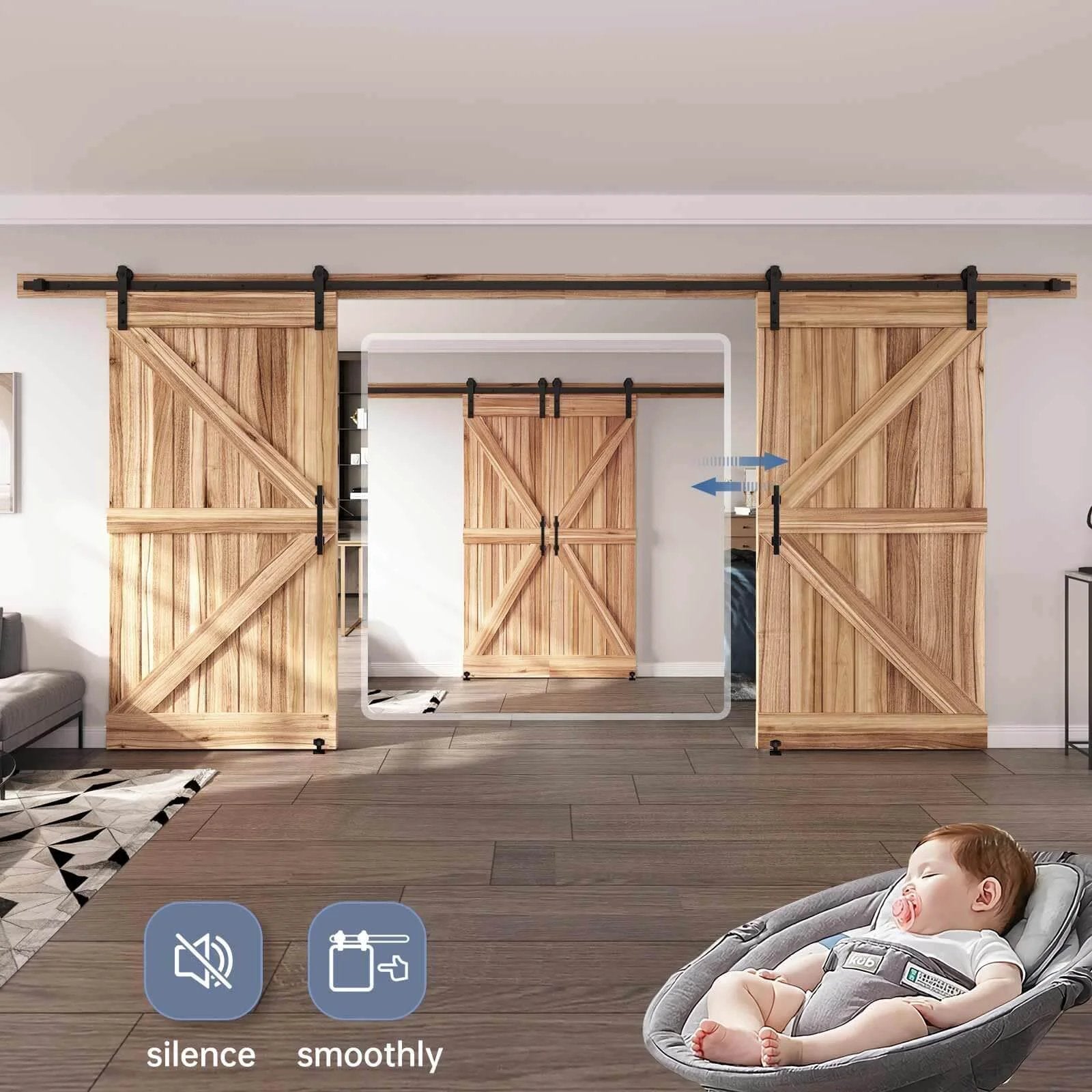 14 FT Double Sliding Barn Door Hardware Kit with Track and Handles installed in living room, smooth quiet sliding