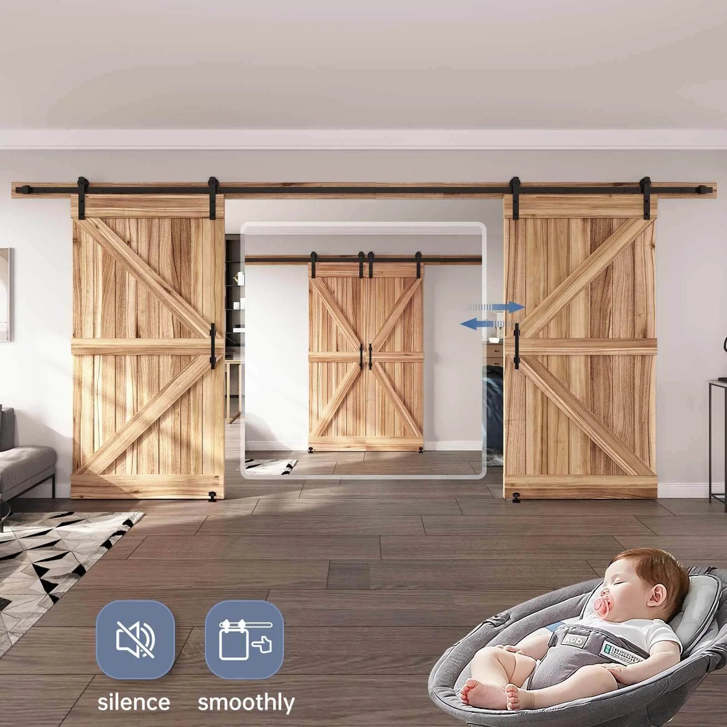 14 FT Double Sliding Barn Door Hardware Kit with Track and Handles installed in living room, smooth quiet sliding