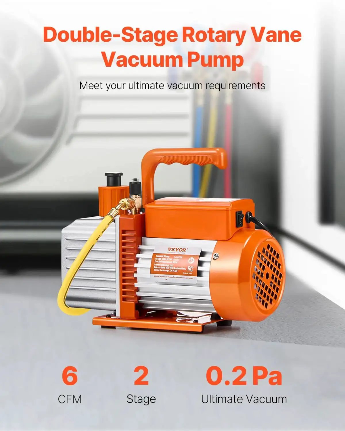 Two Stage 6 CFM Rotary Vane Vacuum Pump For Auto AC Systems R134a R22 R410a Compatible with oil bottle, pro-grade HVAC tool