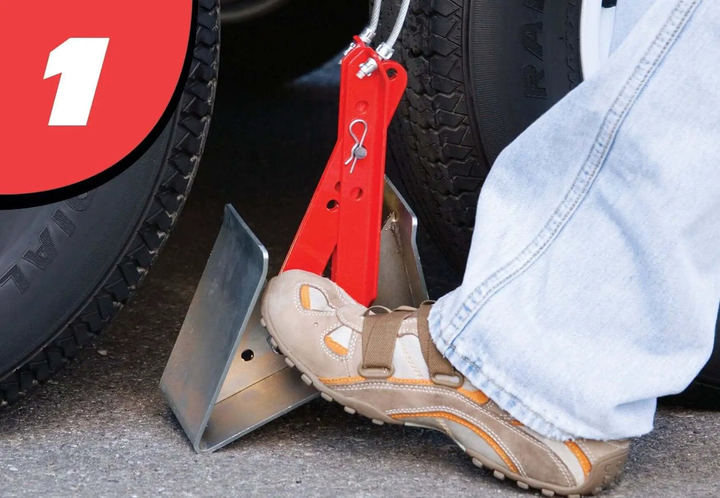 OneStep Wheel Chock Double Pack for tandem axle trailers and RVs, 16 to 24 inch, easy stand up setup in use