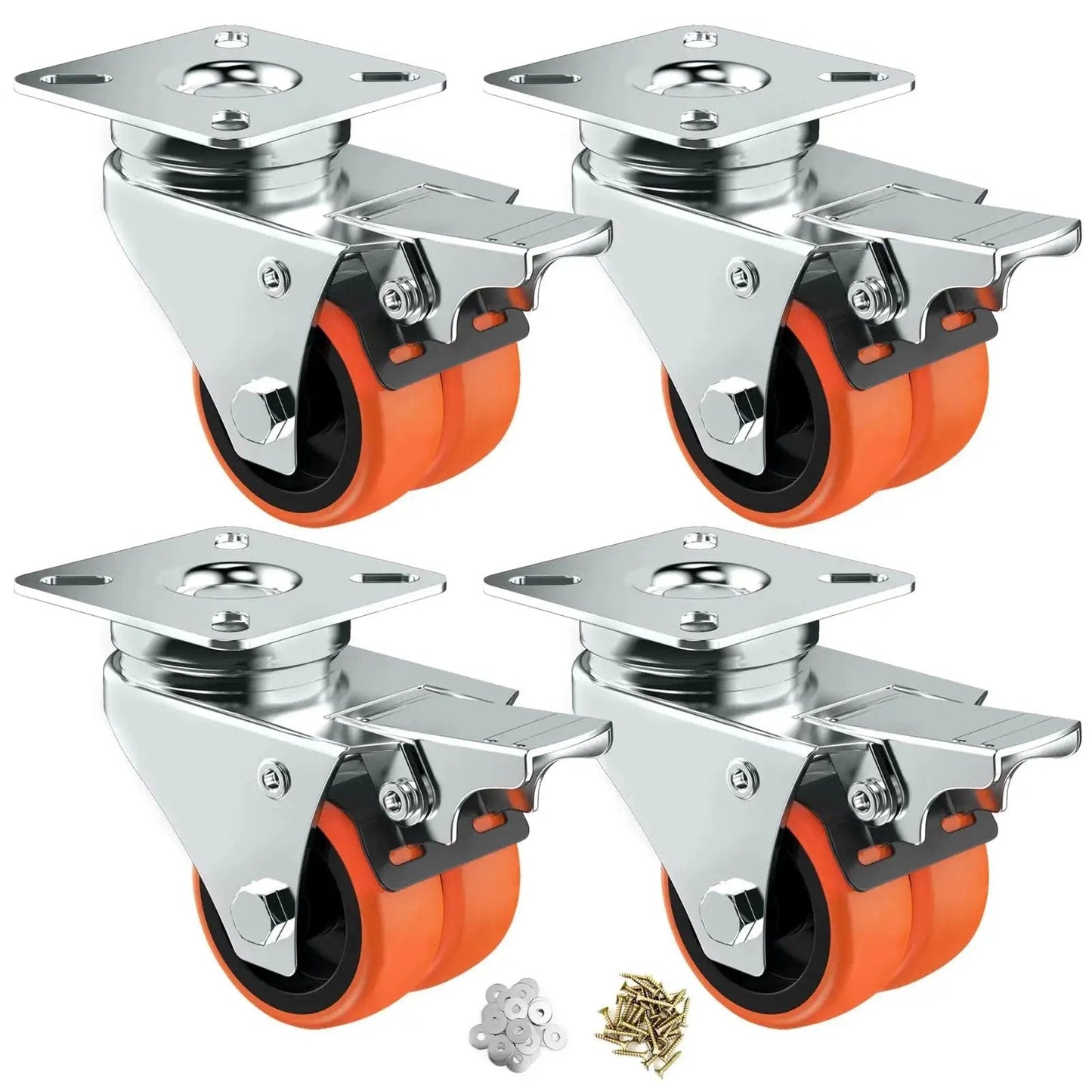 Two Wheel Casters Set Of Four Heavy Duty 2 Inch Orange TPE With Brake Double Wheel Swivel Plate Locking Castor Wheels For Furniture And Equipment