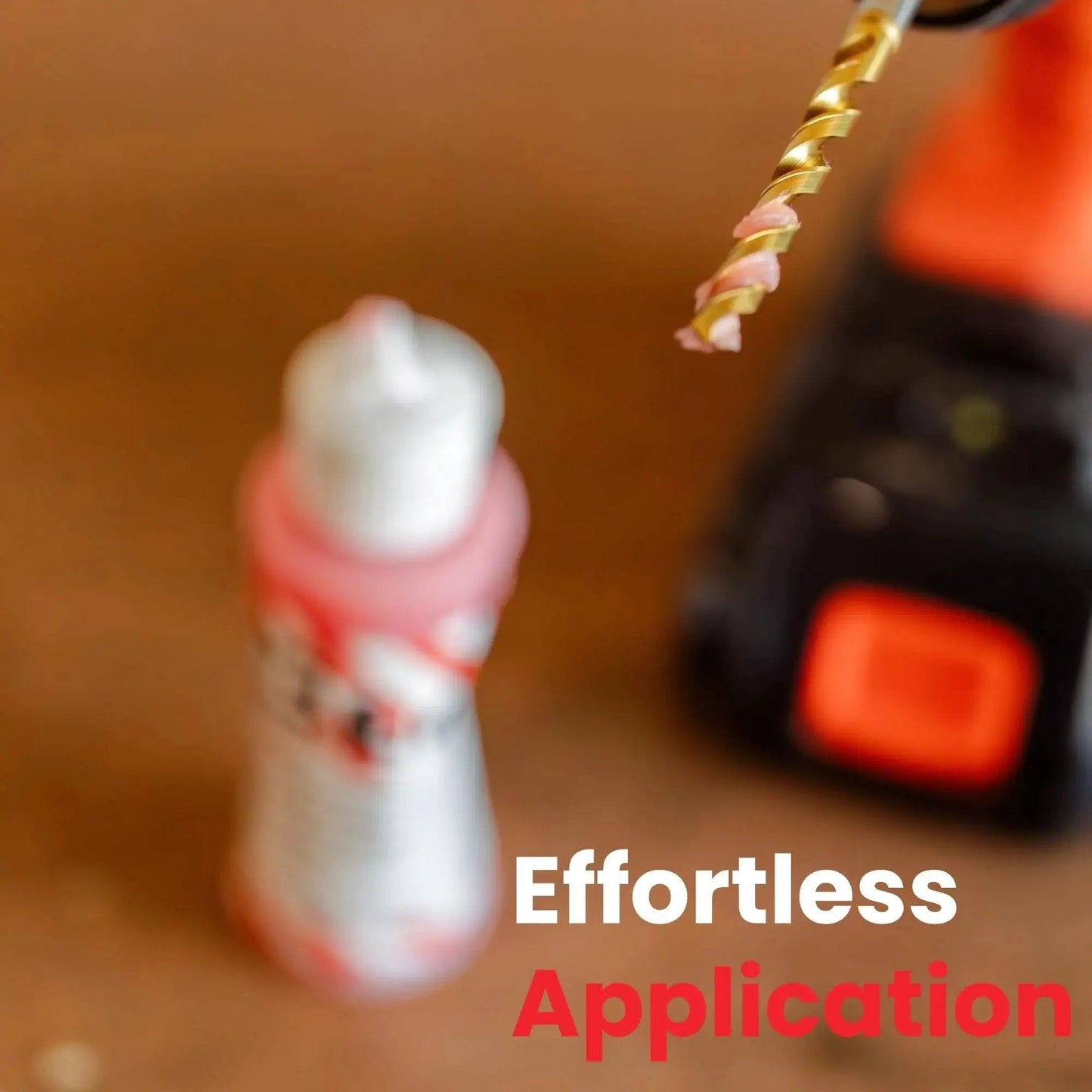 Drill bit with Beefed Up Drilling And Tapping Gel For Metal Cutting Pro Grade Lubricant, emphasizing easy application and tool behind.