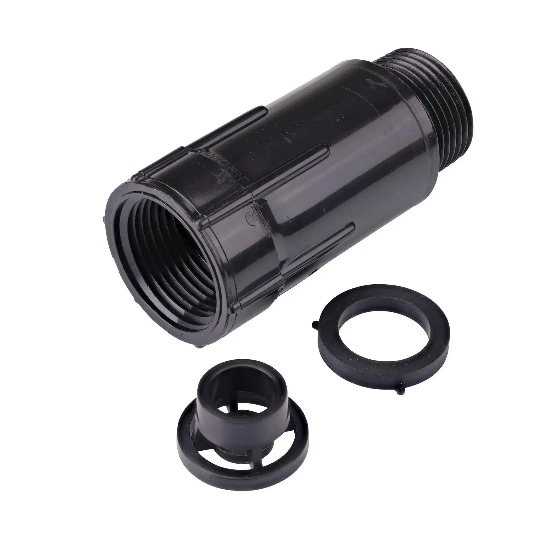 Pressure Regulator For Drip Irrigation Systems 15 To 20 PSI Three Quarter Inch Female Pipe Thread Inlets, black, shown disassembled.