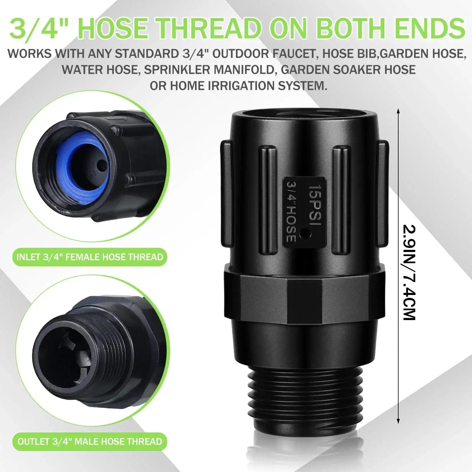Three Pack Drip Irrigation Pressure Regulator 15 PSI, Three Quarter Inch FHT To Three Quarter Inch MHT, low flow garden valve