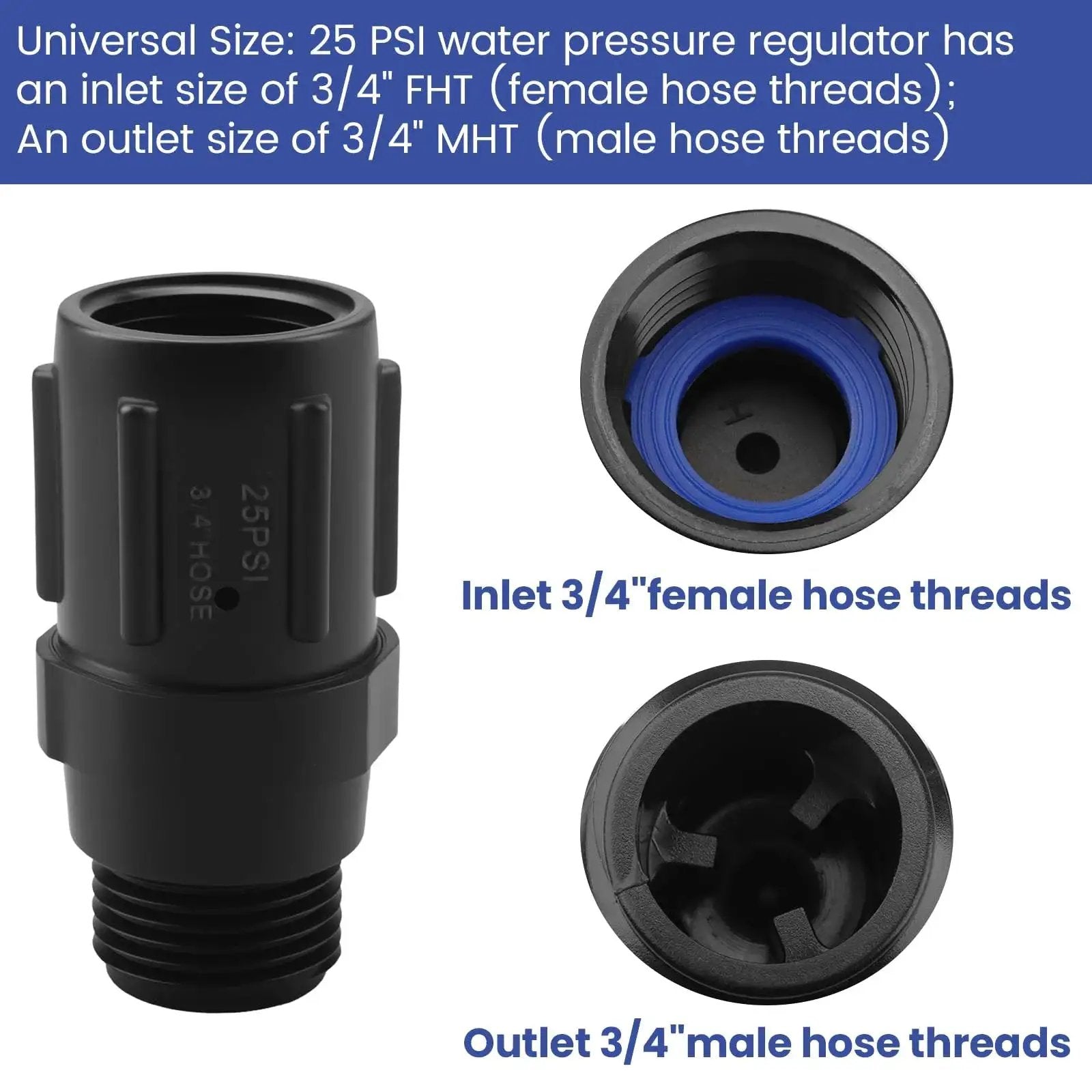 Drip Irrigation Pressure Regulator Keeps 25 PSI On Point For Consistent Watering, showing 3/4 inch FHT and MHT hose thread details.