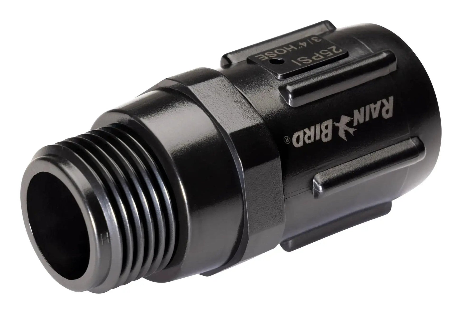 Drip Irrigation Pressure Regulator 25 PSI For Garden Hoses And Drip Lines Three Quarter Inch Female Hose Thread To Three Quarter Inch Male Hose Thread 20 GPM Flow Rugged UV Protected Body Easy Connect To Faucets And Components Rain Bird HT07525PSI