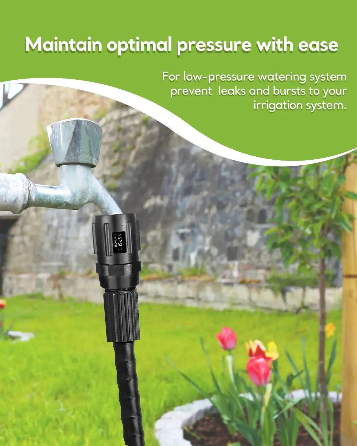 Drip Irrigation Pressure Regulator 25 PSI Three Quarter Inch Hose Thread connected to outdoor faucet in garden