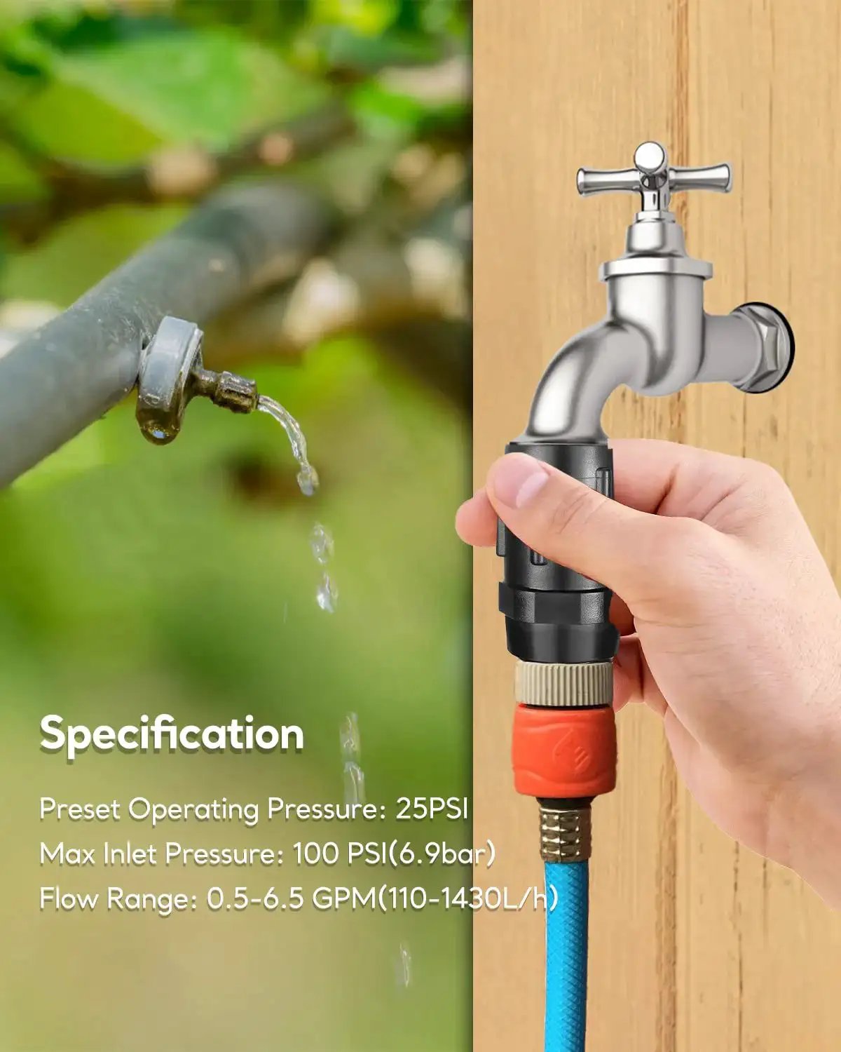 Installing Drip Irrigation Pressure Regulator 25 PSI Three Quarter Inch Hose Thread Irrigation Pressure Reducer 2 Pack in garden setup