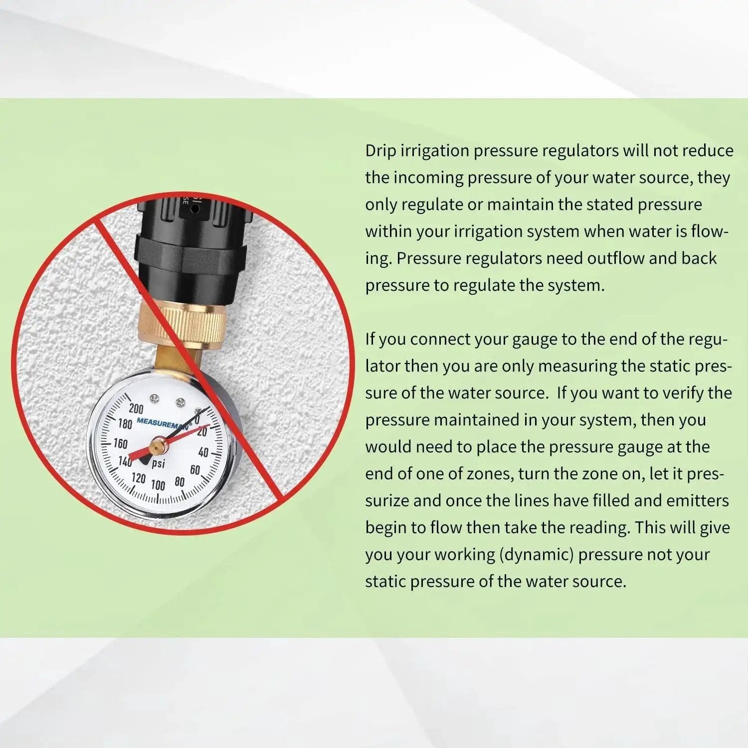 Diagram of pressure gauge use in drip irrigation with focus on Pressure Regulator 25 PSI Three Quarter Inch FHT to Three Quarter Inch MHT.