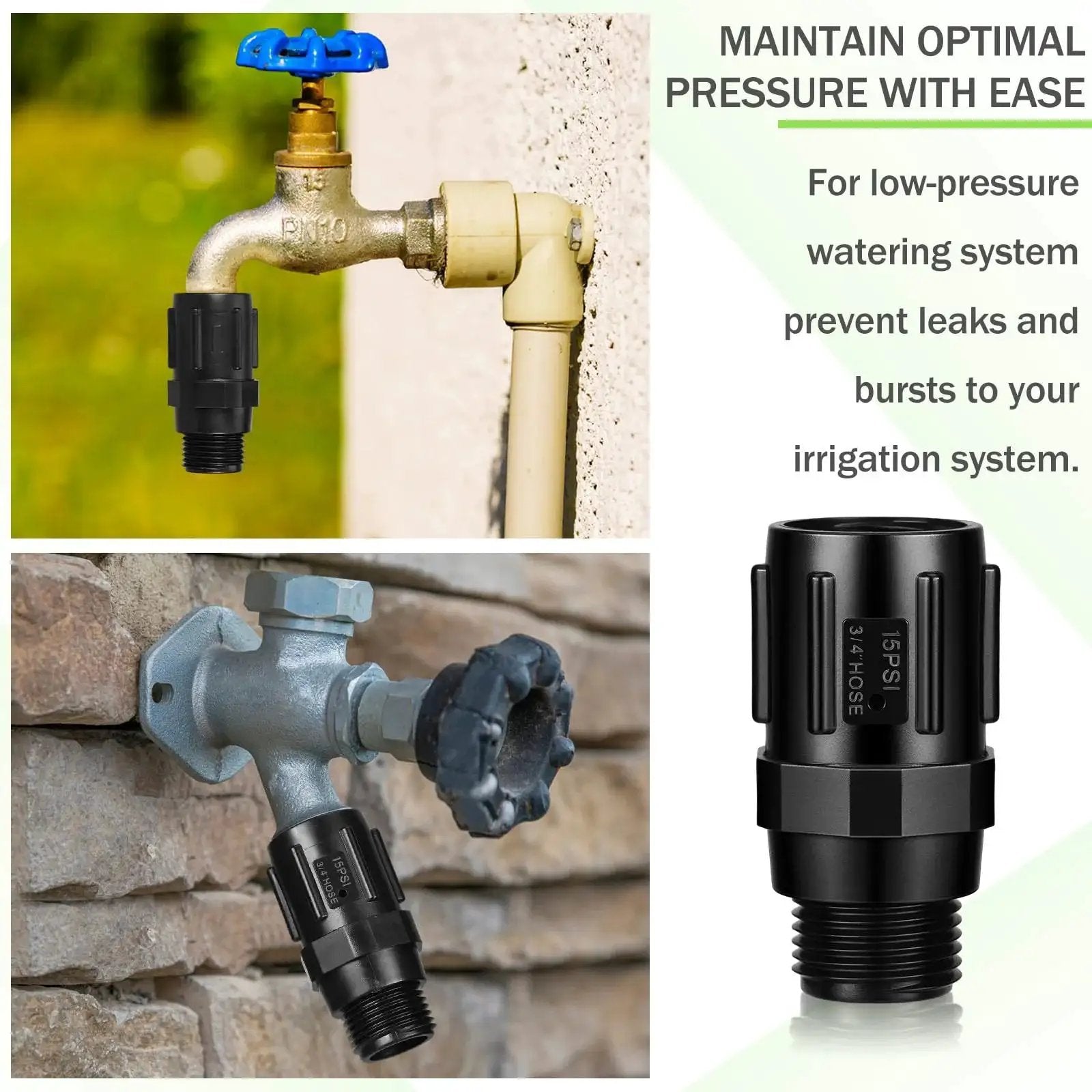 Three Pack Drip Irrigation Pressure Regulator 15 PSI installed on garden taps, showcasing universal size and easy installation.