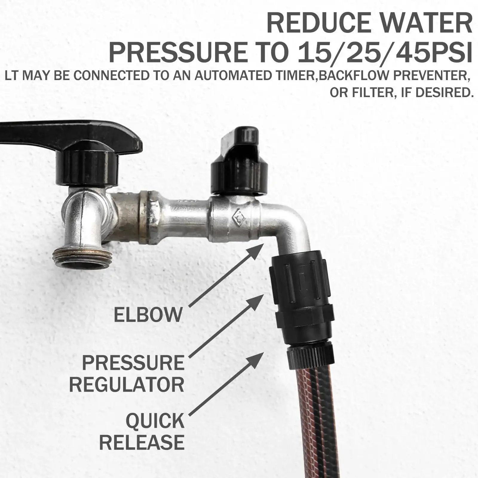 Three Pack Drip Irrigation Pressure Regulator 15 PSI, Three Quarter Inch FHT To Three Quarter Inch MHT installed on a faucet