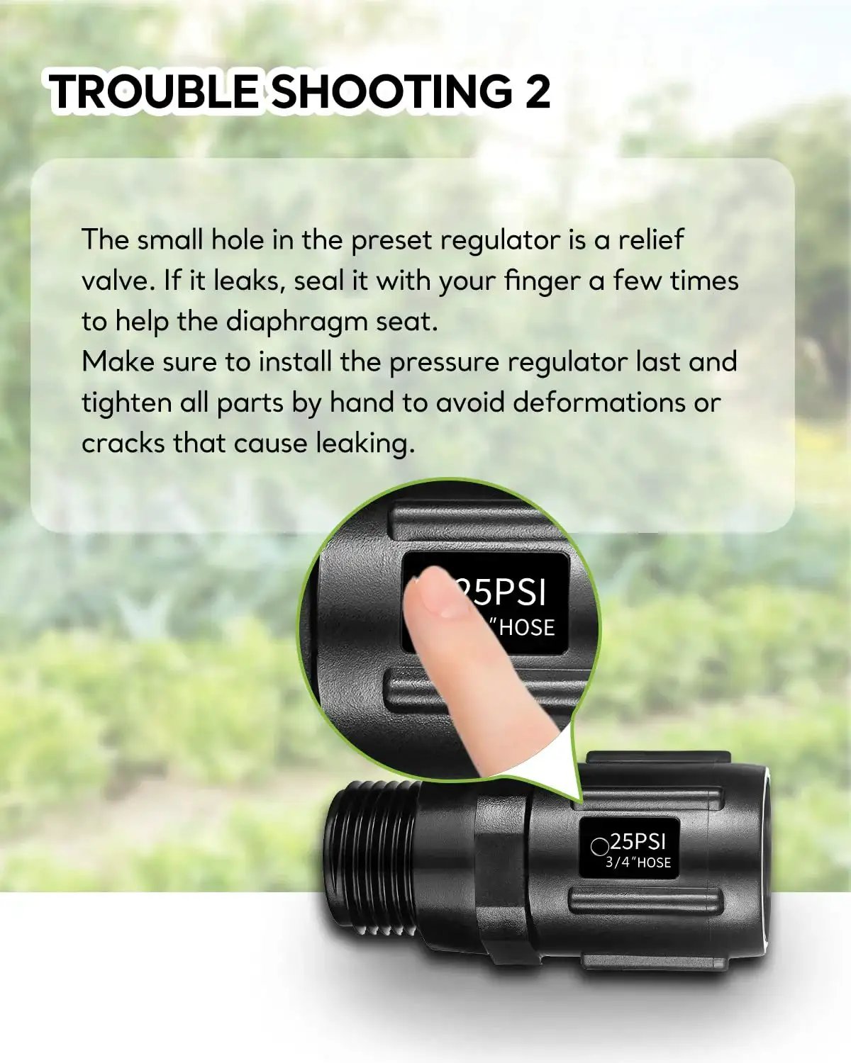 Drip Irrigation Pressure Regulator 25 PSI Three Quarter Inch Hose Thread Irrigation Pressure Reducer with troubleshooting guide