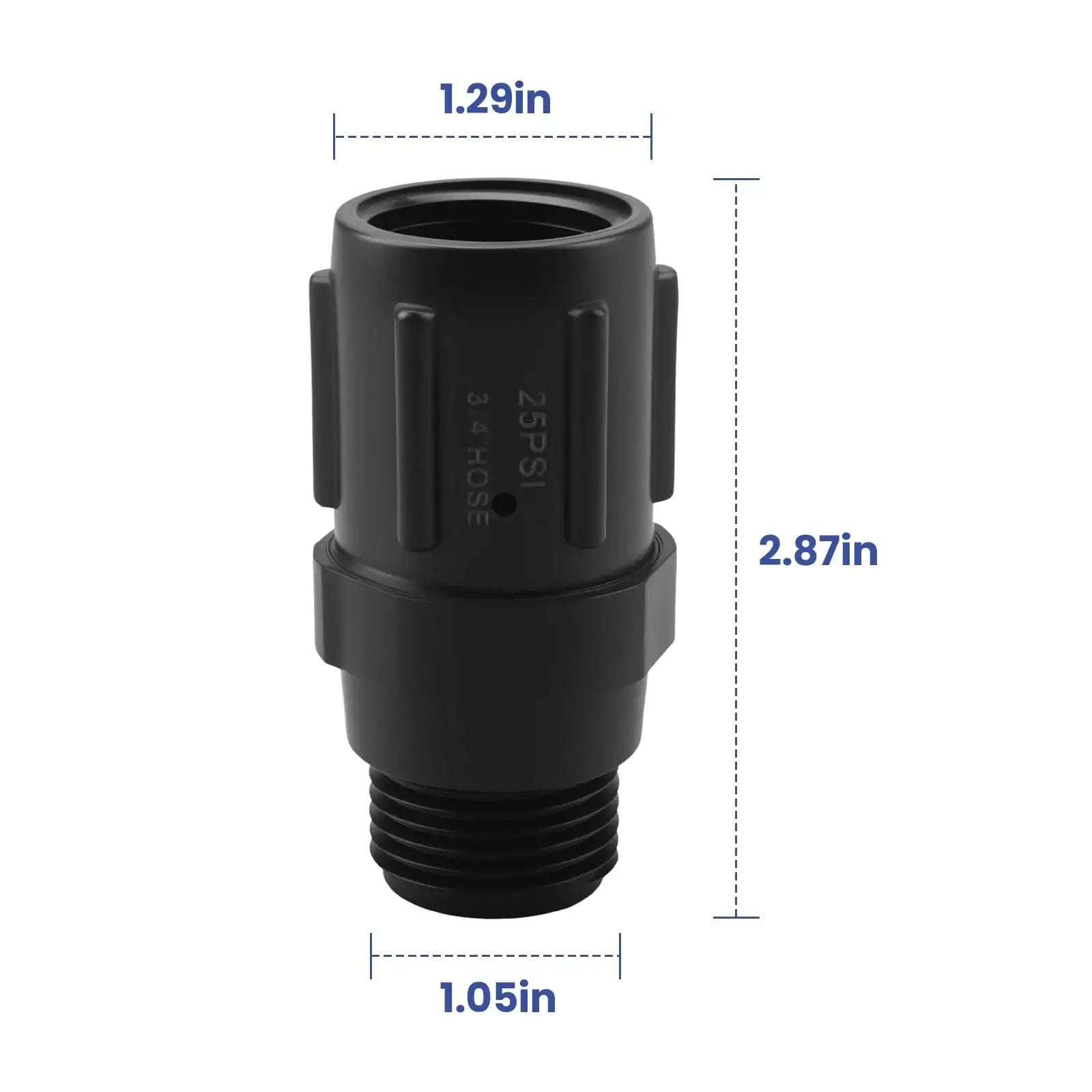Drip Irrigation Pressure Regulator Keeps 25 PSI On Point For Consistent Watering, Three Quarters Inch Hose Thread Inlet To Three Quarters Inch Hose Thread Outlet, front view with dimensions.