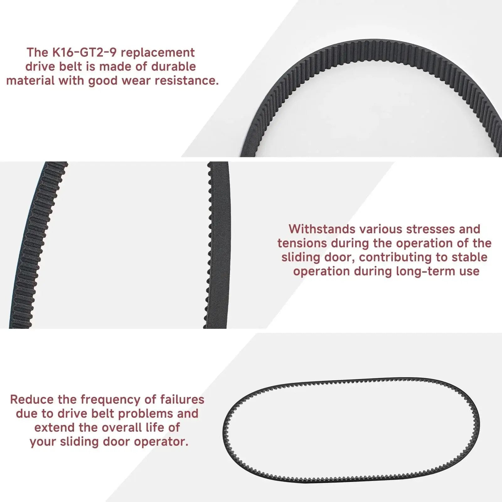 K16-GT2-9 Drive Belt Replacement For LiftMaster RSL12U And RSL12UL Sliding Door Operators, shown in different angles
