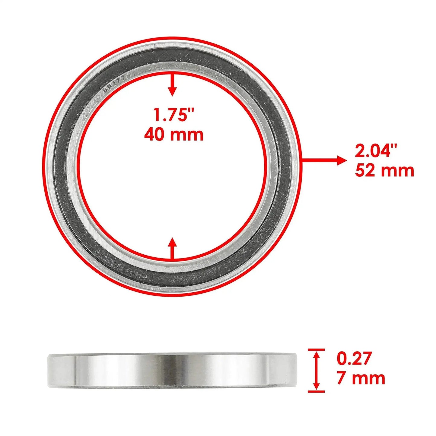Primary Drive Clutch Spring And Bearing Kit Caltric For Can Am Maverick 1000 2013 2018 Not X3 Sport Trail 4x4 Replacement Includes Two Bearings For OEM Style Upgrade And Smooth, Reliable Power Transfer, showing a close-up of a bearing with dimensions 40mm inner diameter, 52mm outer diameter, and 7mm thickness.