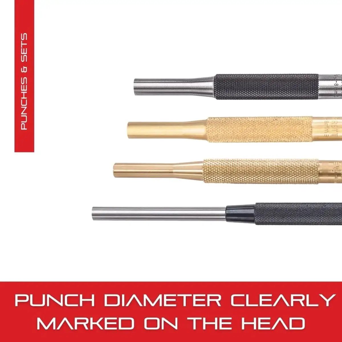 Four punches from the Eight Piece Drive Pin Punch Set with knurled grips, showing diameter markings on the head. Hardened steel construction.
