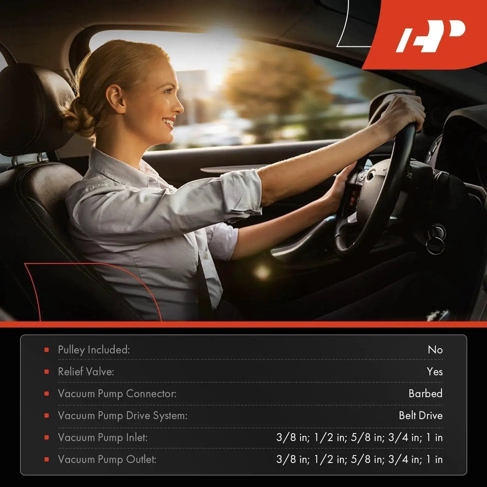 Woman driving car with details on Premium Vacuum Pump For Ford F Series Trucks And Econoline Vans 1994 1995 7.3L V8 specifications.