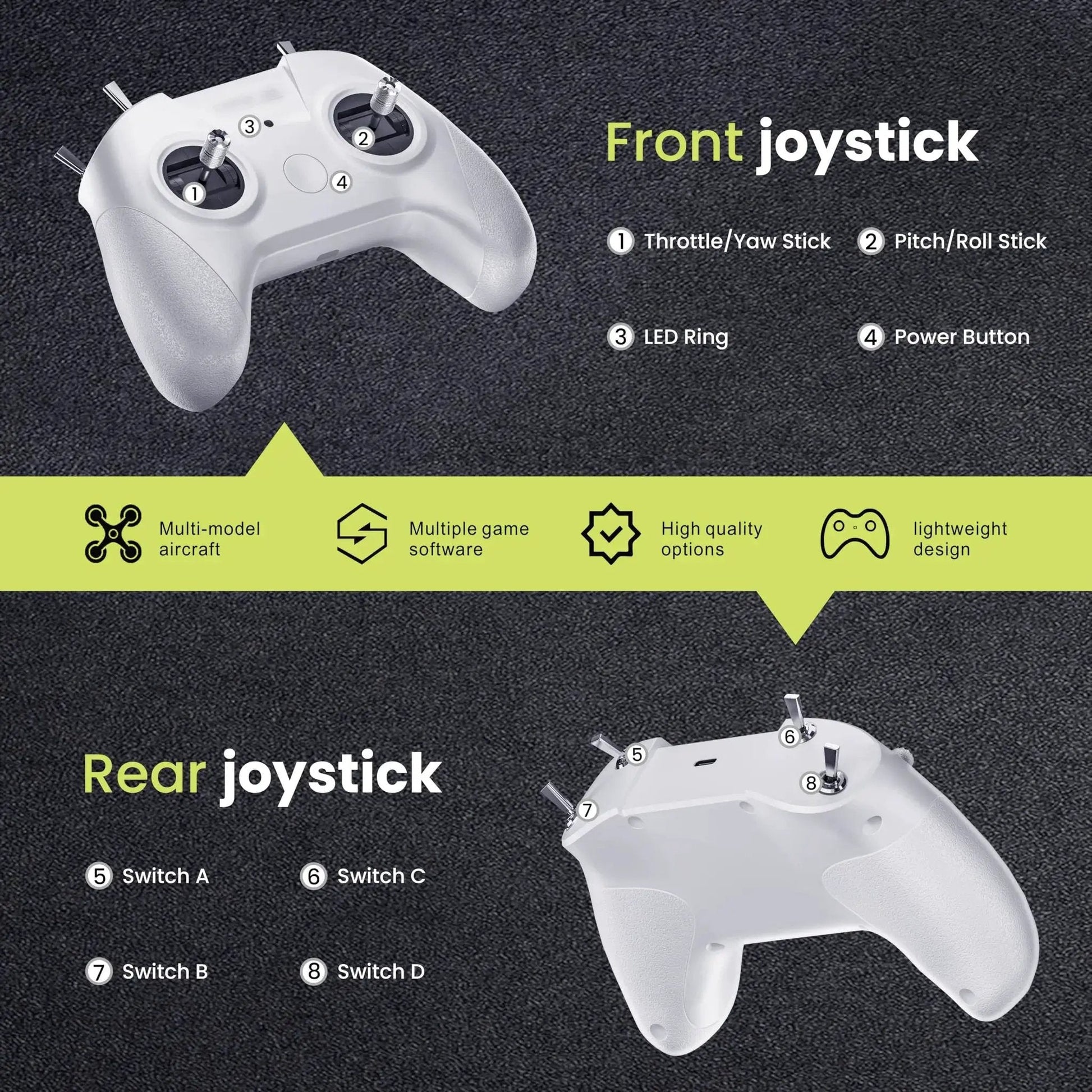 FPV Drone Simulator Controller For Beginners With 8 Channel Metal Joysticks And Dual Bearing Precision, front and rear view