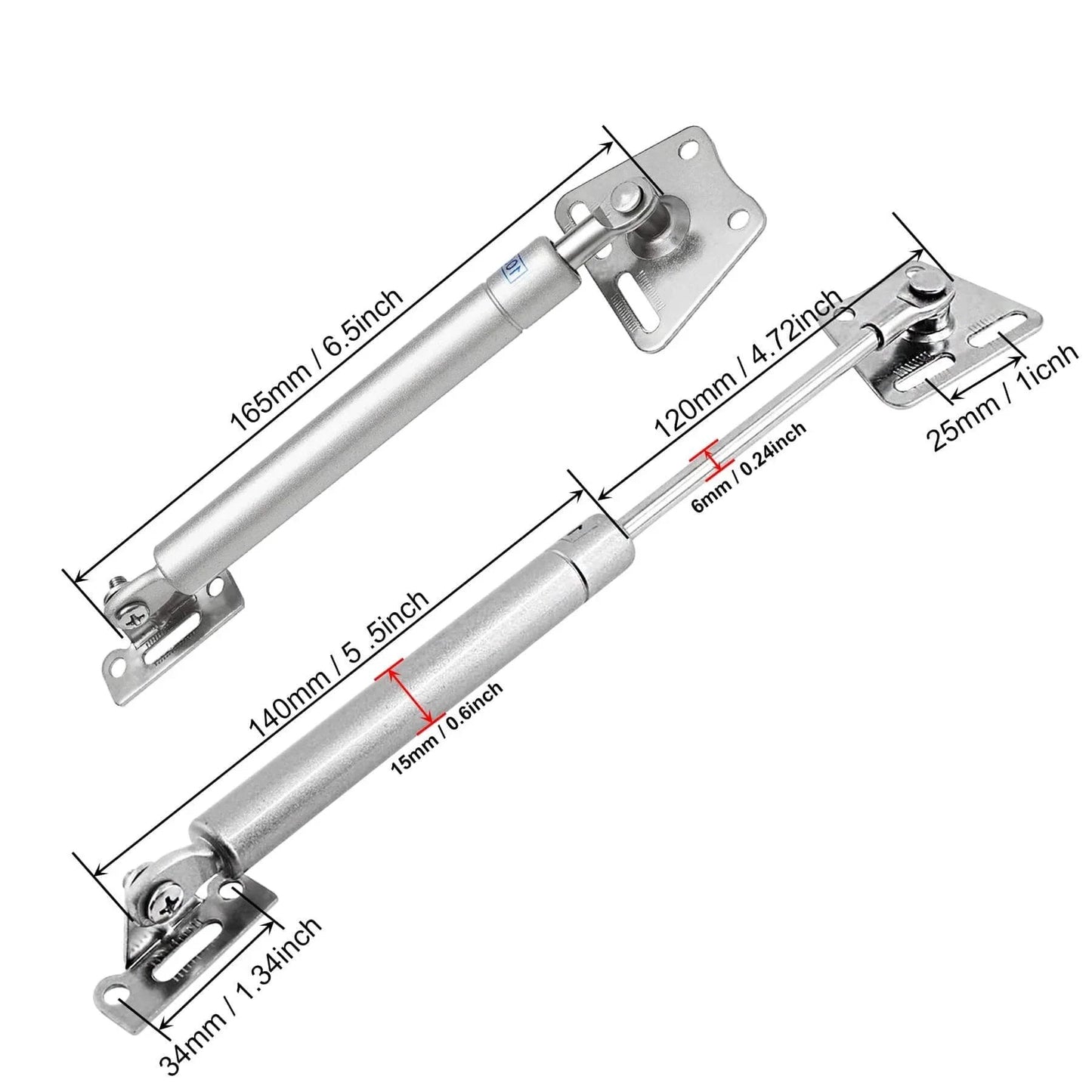2 Pack 100N/22LBS Drop Down Gas Struts for Downward Flap lid, showing dimensions and metal construction.