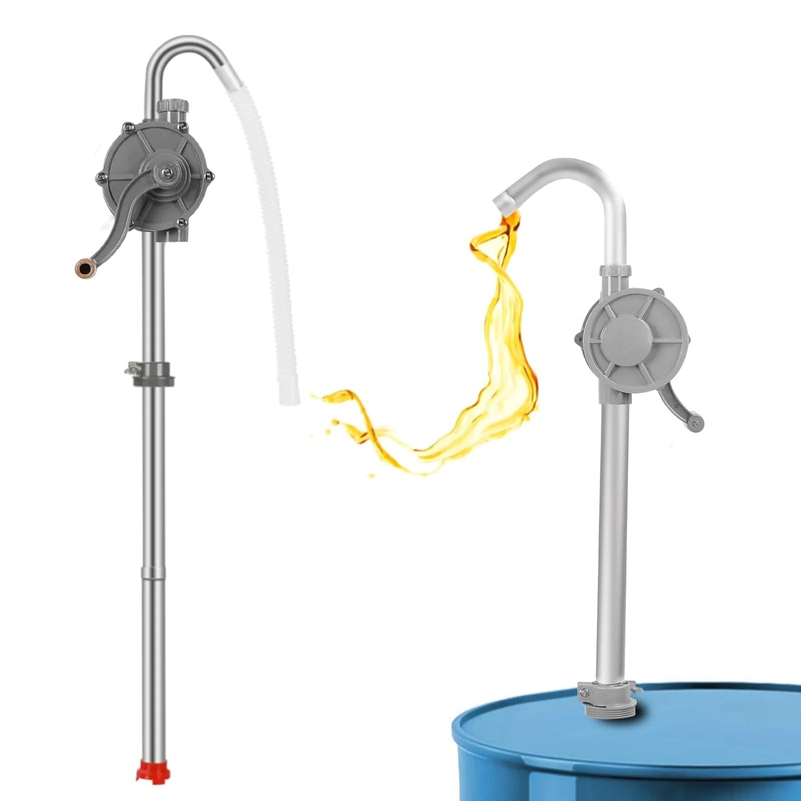 MEKOTRIN 55 Gallon Drum Pump, 7GPM All Aluminum Hand Oil Pump shown transferring oil from drum