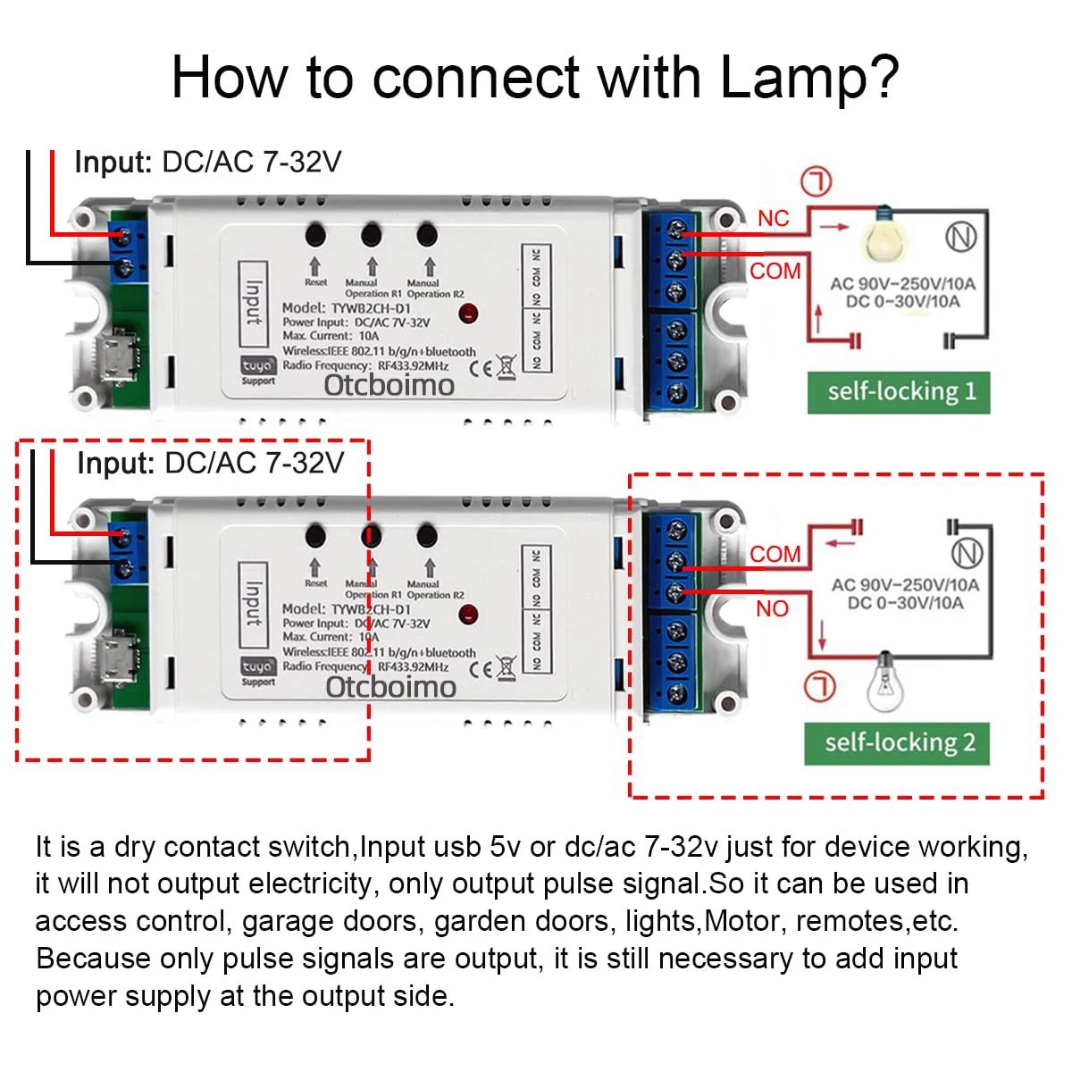 Wiring diagram of 2 Channel WiFi Bluetooth Smart Relay Switch For DC12V 24V Actuators And Devices Tuya Smart Compatible, connecting to a lamp.