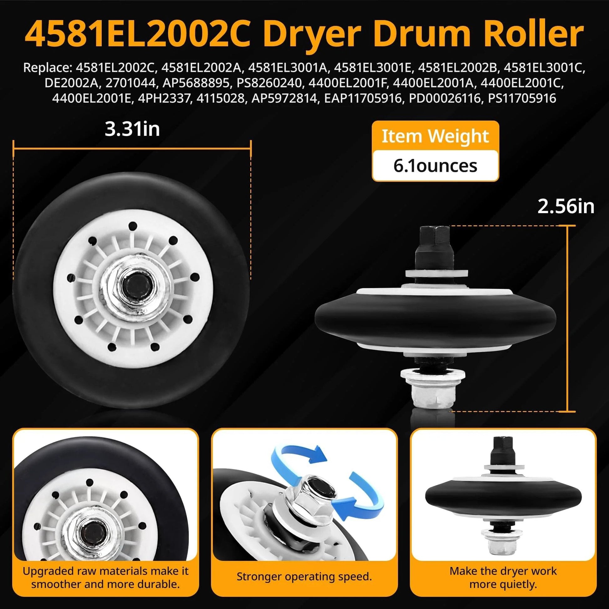 Dryer Roller Repair Kit For LG Kenmore Dryers 4581EL2002C Dryer Drum Roller image showing dimensions.