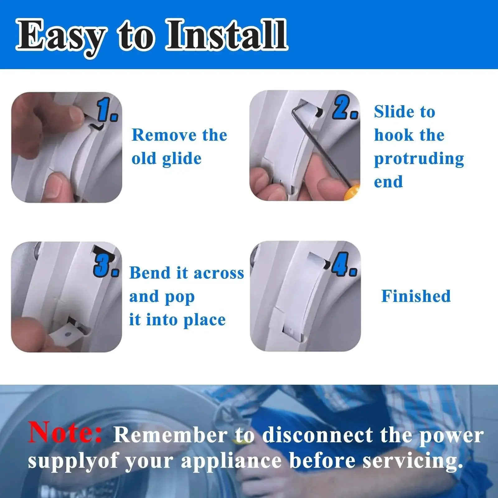 Installation steps for Replacement Drum Bearing Slide Kit for clothes dryers, showing easy installation with WE3M52 and WE3M51 glides.