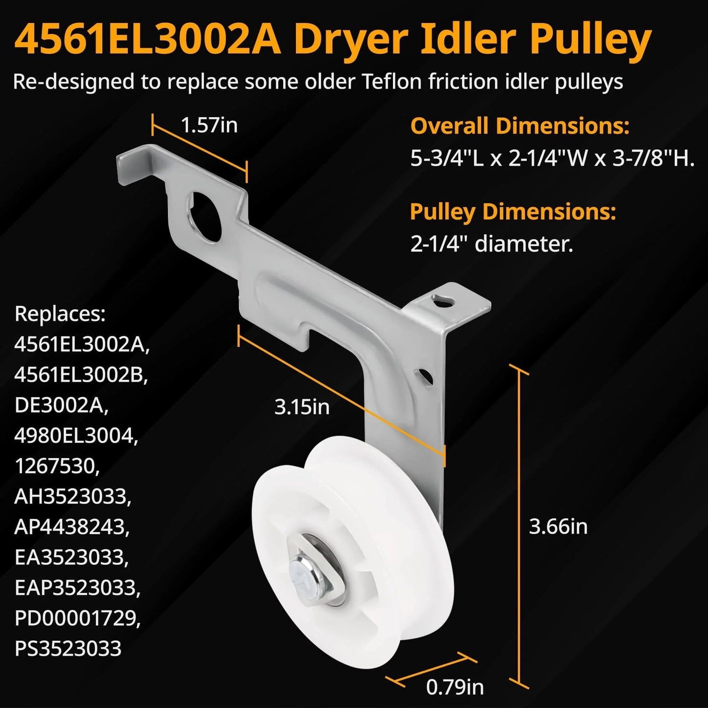4561EL3002A Dryer Idler Pulley with dimensions and replacement models displayed, part of Dryer Roller Repair Kit For LG Kenmore Dryers