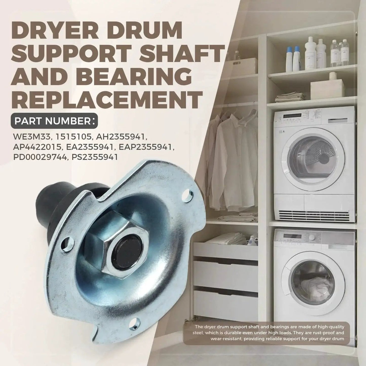 Dryer Drum Support Shaft And Bearing Replacement Kit For GE Kenmore Hotpoint Dryers next to laundry room setup