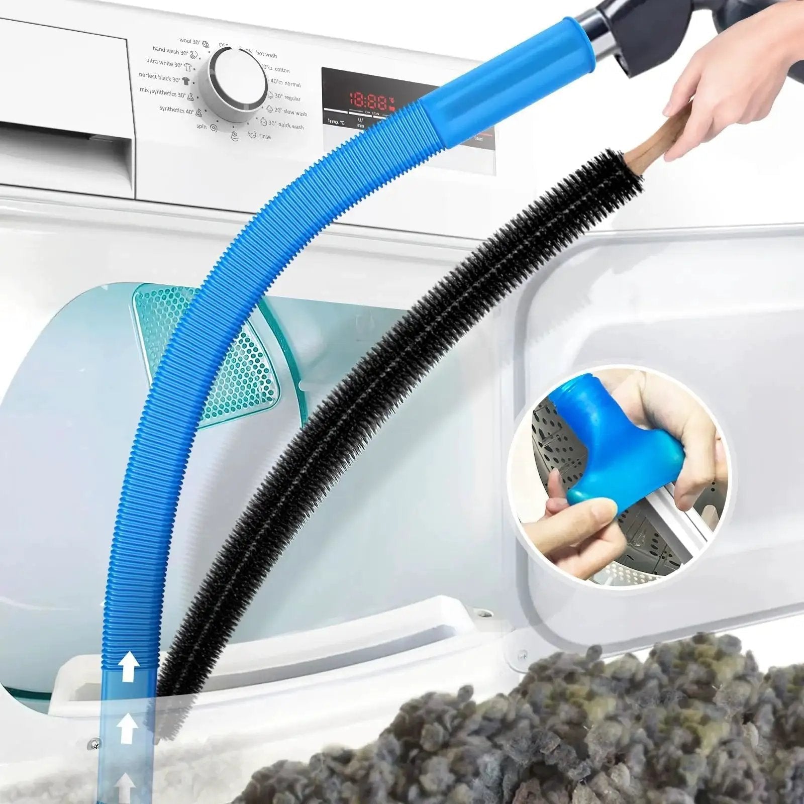 Two piece dryer vent cleaner kit with universal vacuum adapter removes built up lint from ducts and behind appliances