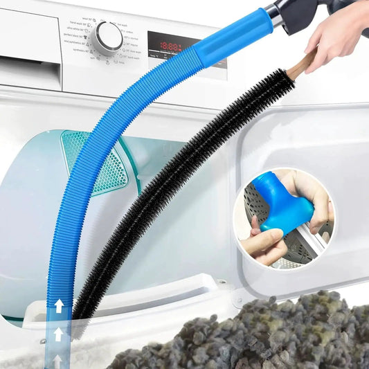 Two piece dryer vent cleaner kit with universal vacuum adapter removes built up lint from ducts and behind appliances
