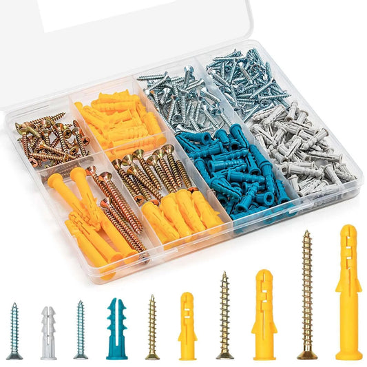270 Pcs Drywall Anchors and Screws Assortment Kit with 135 Plastic Expansion Wall Anchors and 135 Phillips Flat Head Wood Screws in 5 Common Sizes for Hanging Shelves Art Decor and Home Projects