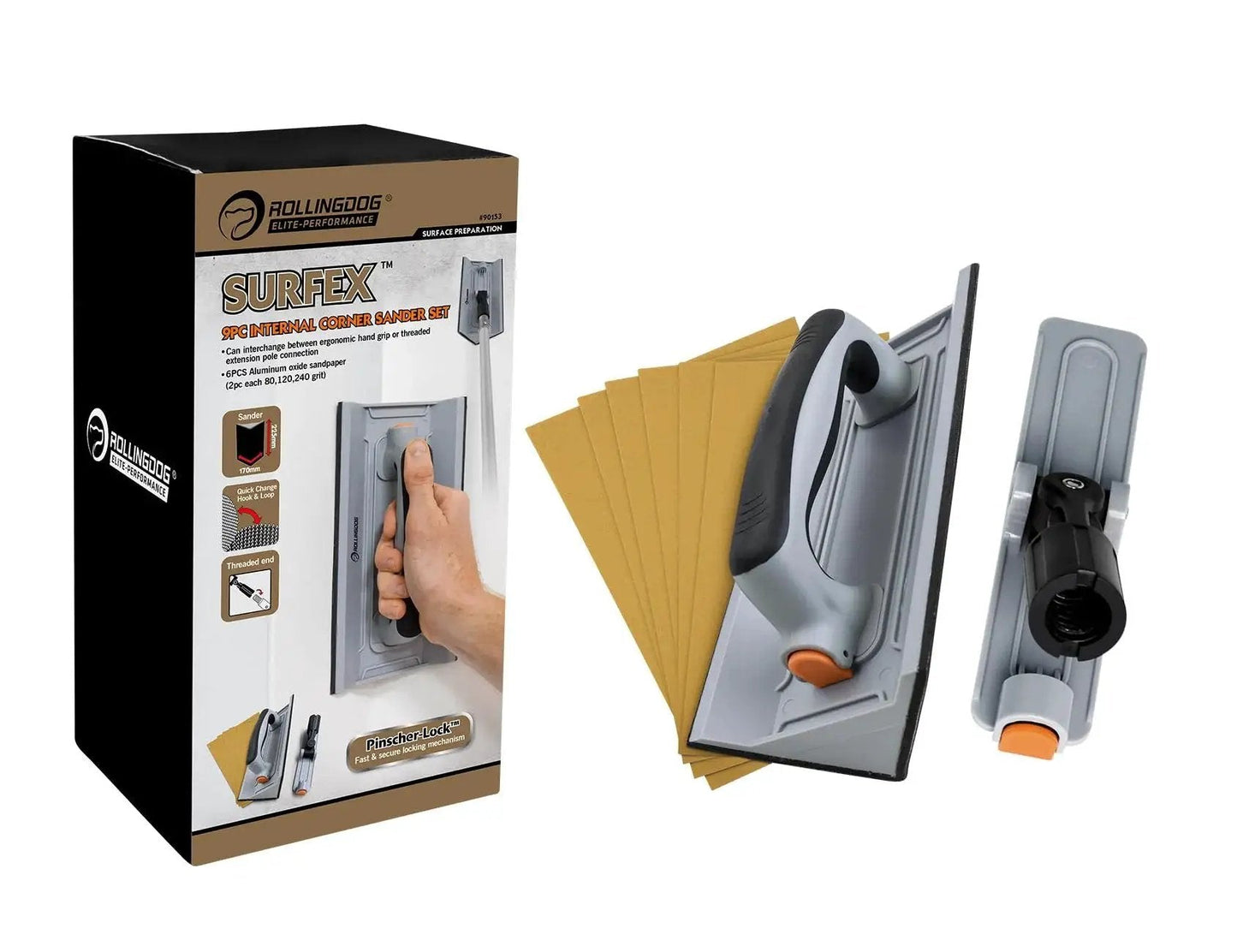 Drywall Corner Sander Kit With Two Sided Pad And Six Sandpapers Included, showing ergonomic handle and pole adapter next to packaging