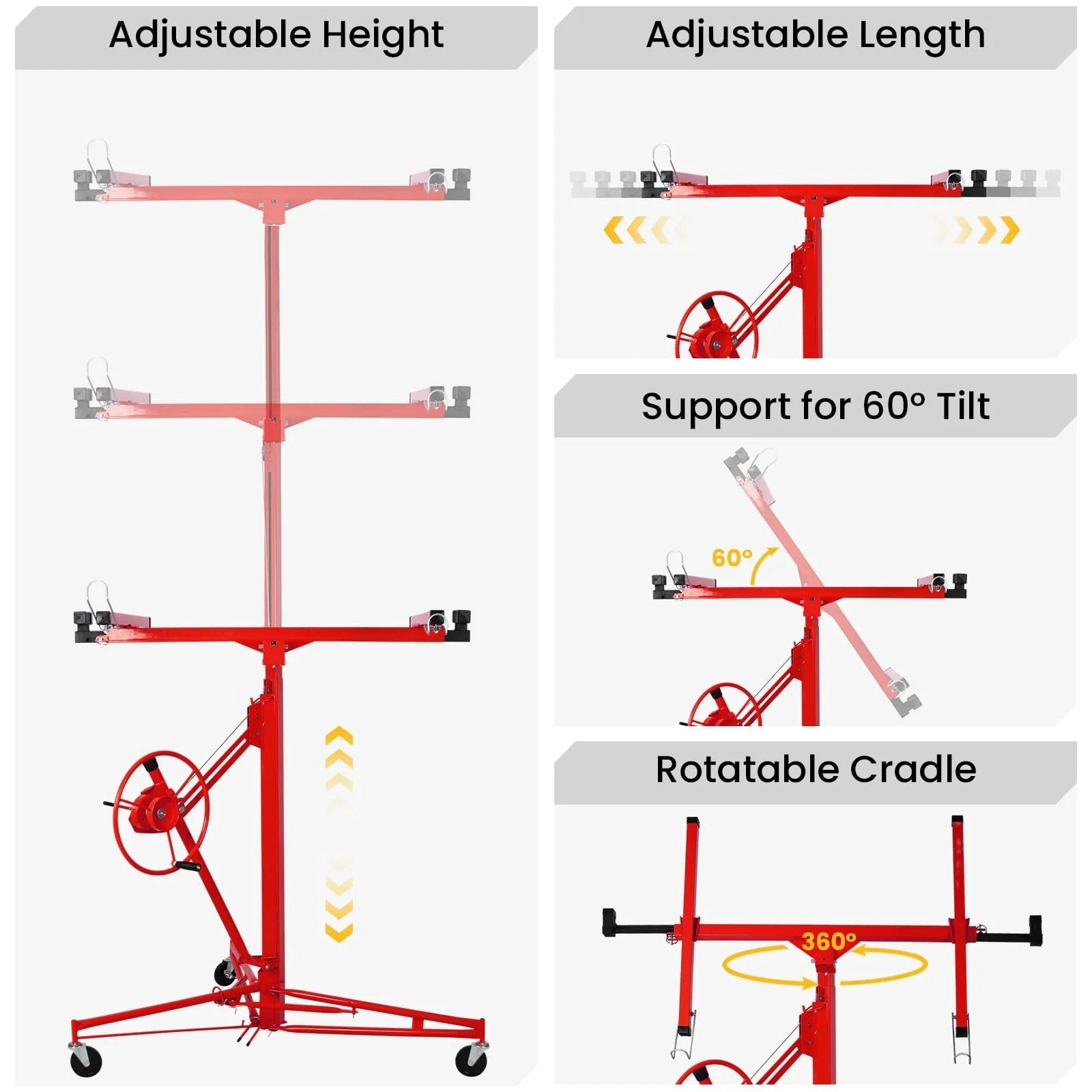 ✝️ Drywall Lift 11 ft Sheetrock Lift Drywall Hoist for Ceiling 360° Adjustable Drywall Lifter Foldable Sheetrock Jack 150lbs Heavy Duty diagram
