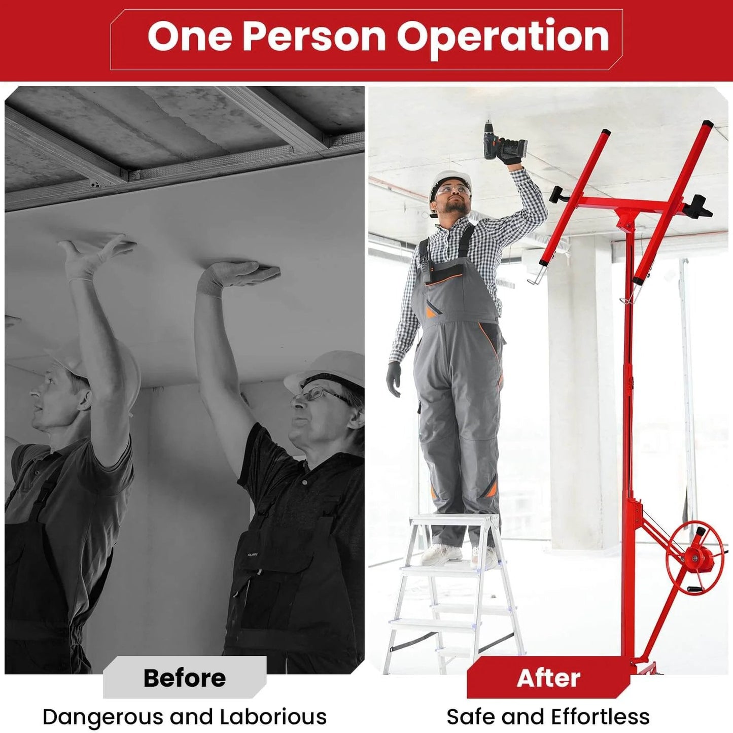 Comparison of manual ceiling lift versus 11 ft Drywall Lift Sheetrock Hoist with 360° Adjustable Lifter in red, demonstrating ease of use.